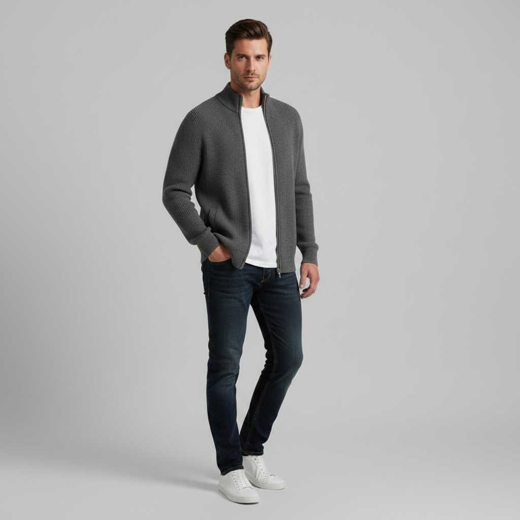 Men's Slim Fit Zip Up Cardigan | Ribbed Knit Layering Sweater