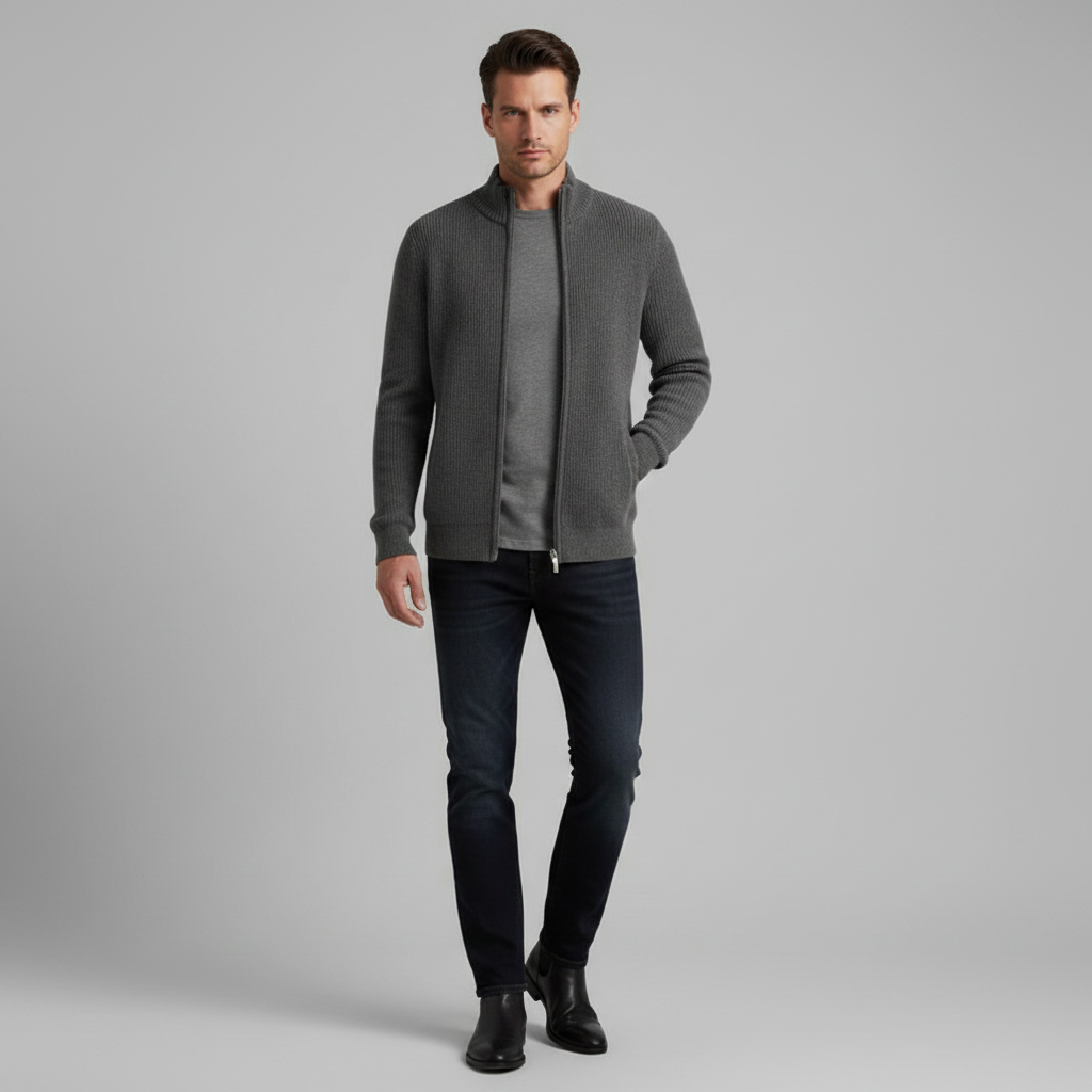 Men's Slim Fit Zip Up Cardigan | Ribbed Knit Layering Sweater