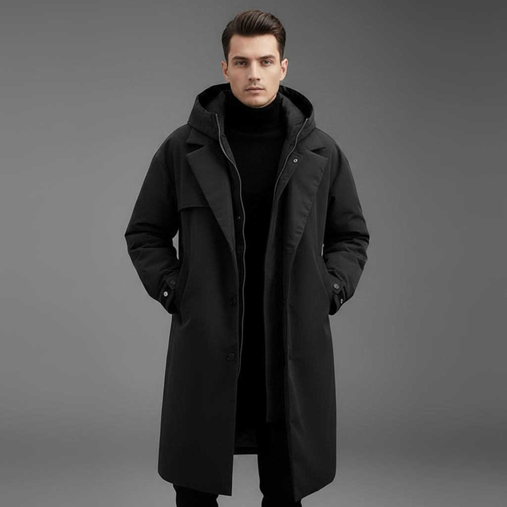 Men's Waterproof Puffer Trench Coat with Hood | Outerwear